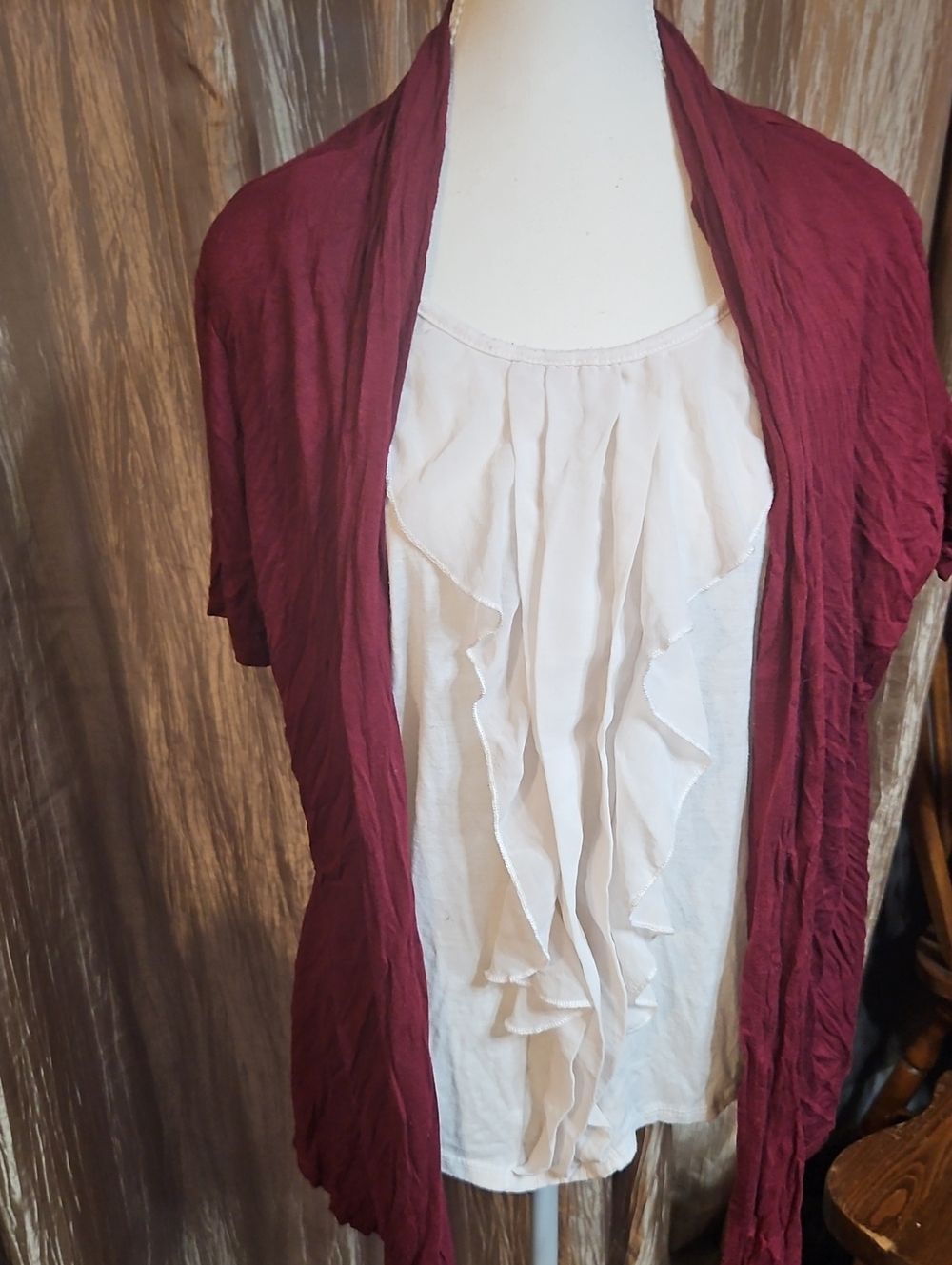 Women’s Ruffle Front Blouse with Burgundy Open Cardigan
